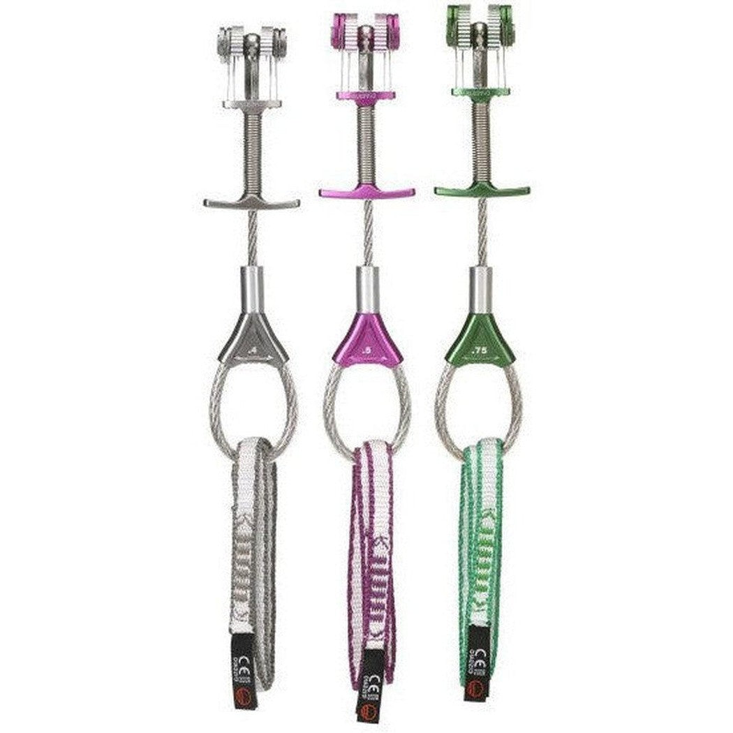 Three Wild Country Zero Friend Set 0.4/0.75 carabiners in Charcoal/Graphite, Purple, and Green hang vertically against a white background.