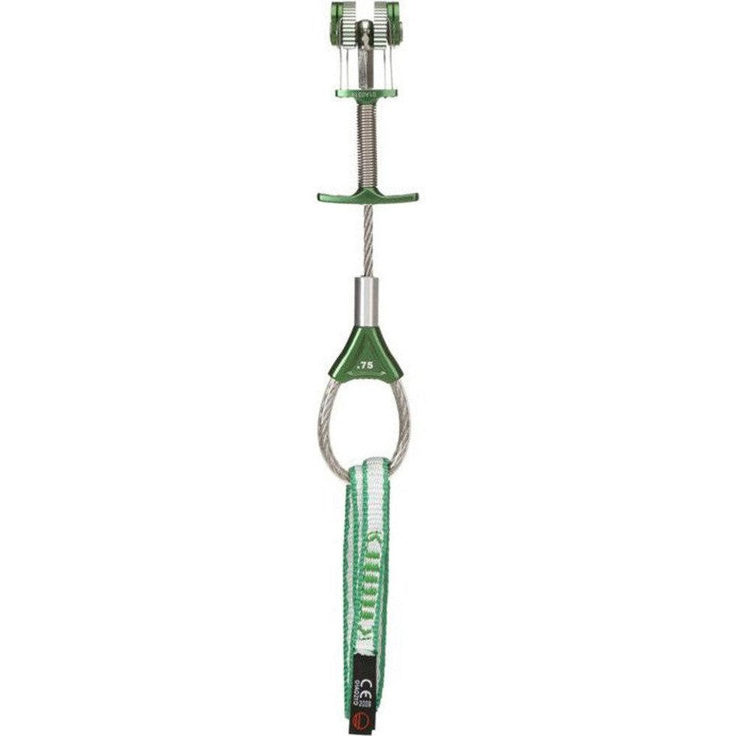 A vertical photo of the Wild Country Zero Friend climbing protection device with a green and white strap, metal carabiner, and a white background.