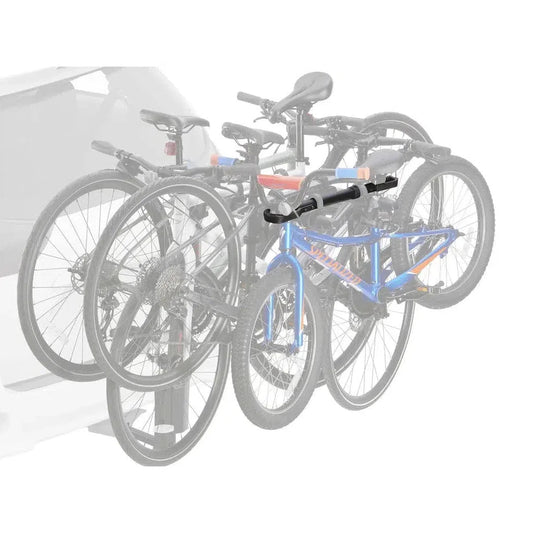 A front view of the Yakima Tube Top bike car rack holding three bikes, including a blue one, against a white background.