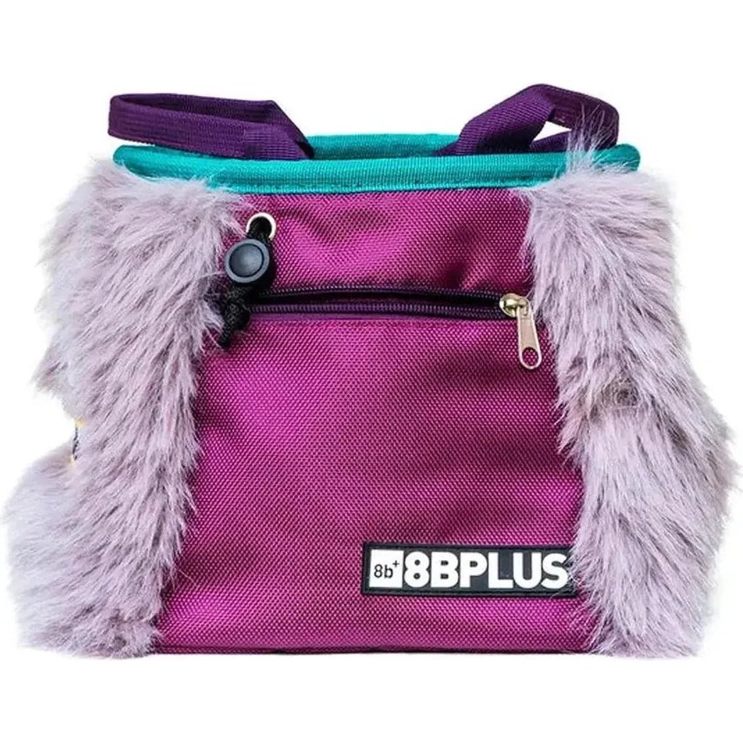 A front view of the 8BPlus Boulder Bucket - Angus chalk bag with purple body, teal trim, and gray faux fur accents against a white background.