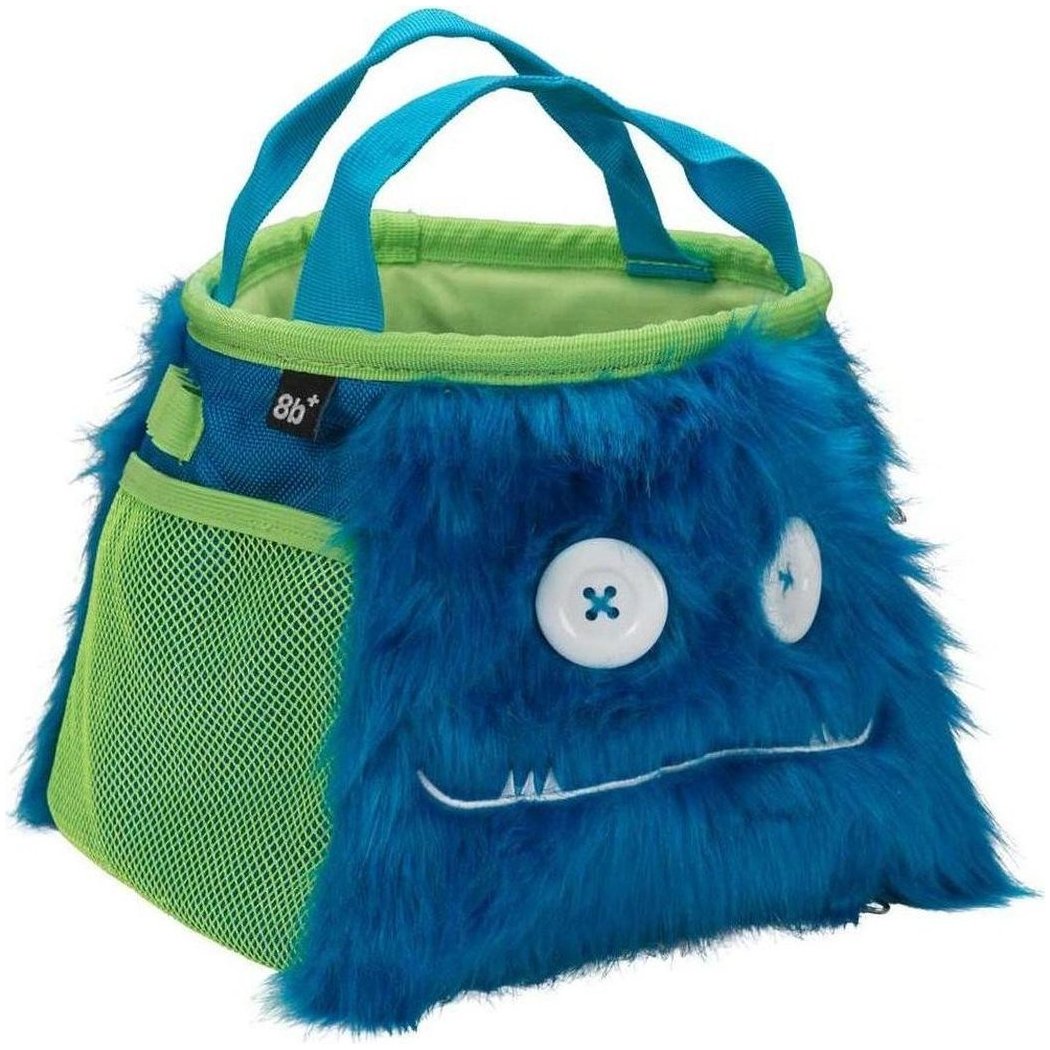 A blue and green 8BPlus Boulder Bucket - Maxwell chalk bag with a mesh pocket and button eyes, shown from the front against a white background.