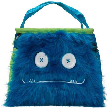 A blue 8BPlus Boulder Bucket - Maxwell chalk bag with a fuzzy face, white button eyes, and a green trim, shown from the front against a white background.