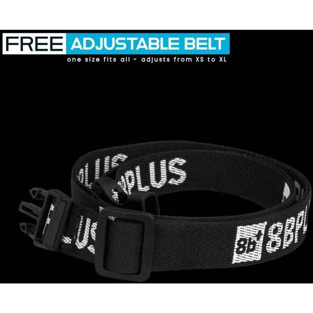 A black 8BPlus Chalk Bag - AJ with adjustable buckle and "PLUS" text, shown in a side view against a black background.