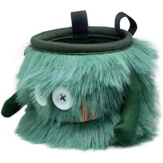 A top-down view of the 8BPlus Chalk Bag - Flint with its fuzzy green exterior and button eye visible against a white background.