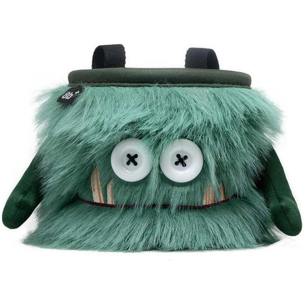A front view of the 8BPlus Chalk Bag - Flint with its fuzzy green exterior and button eyes against a white background.