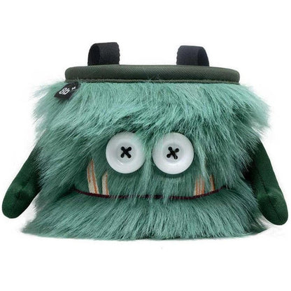 A front view of the 8BPlus Chalk Bag - Flint with its fuzzy green exterior and button eyes against a white background.