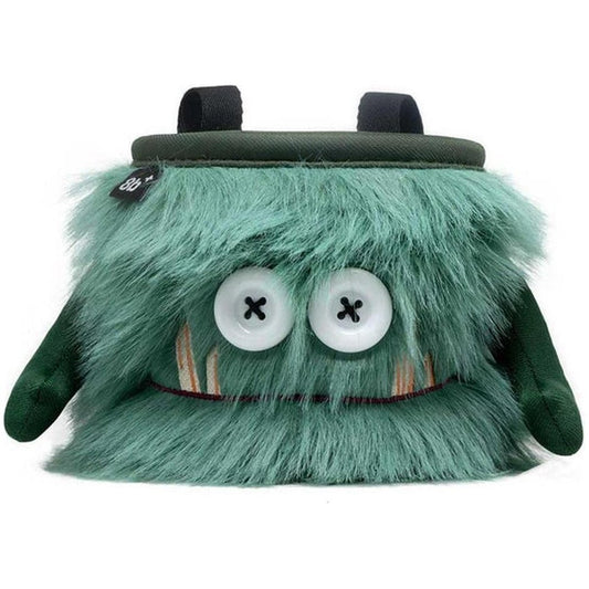A front view of the 8BPlus Chalk Bag - Flint with its fuzzy green exterior and button eyes against a white background.