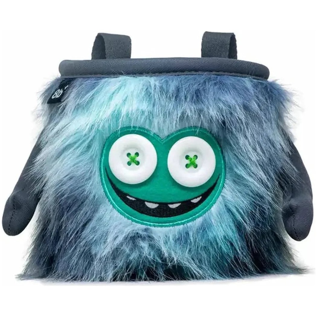 A front view of the 8BPlus Chalk Bag - Joey with its fuzzy blue and gray fur, large button eyes, and charcoal straps against a white background.