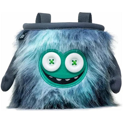 A front view of the 8BPlus Chalk Bag - Joey with its fuzzy blue and gray fur, large button eyes, and charcoal straps against a white background.