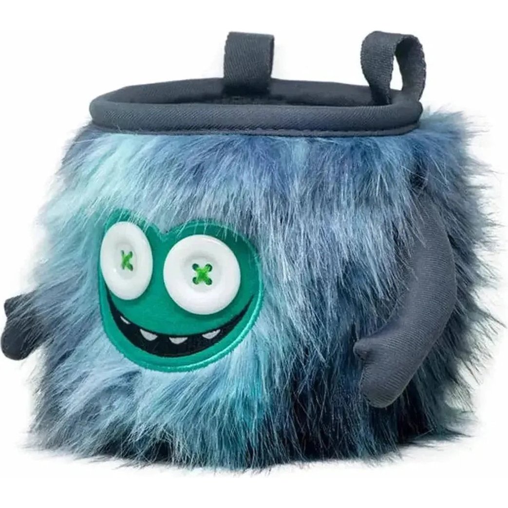 A top-down view of the 8BPlus Chalk Bag - Joey with its fuzzy blue exterior and charcoal top, displayed against a white background.