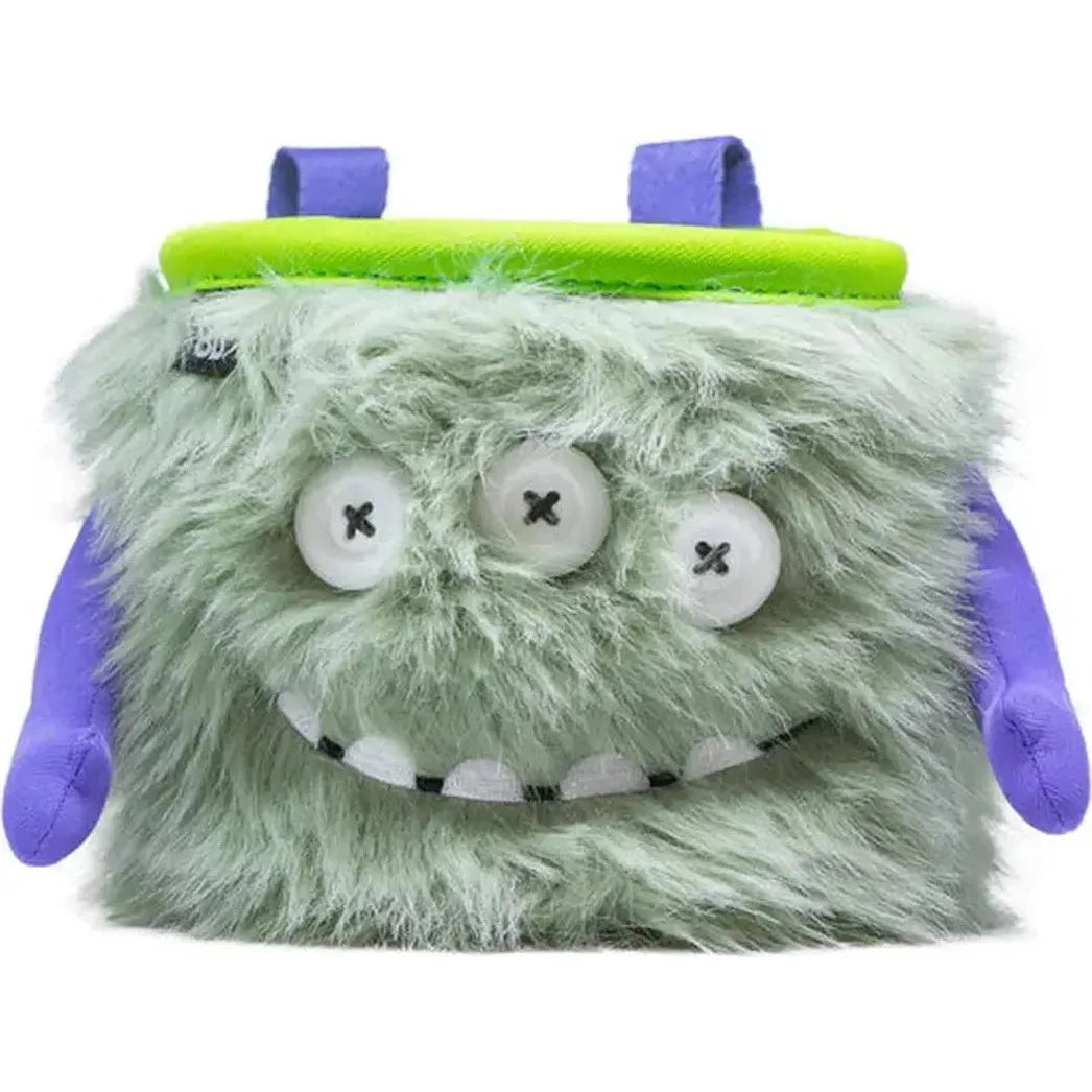 A front view of the 8BPlus Chalk Bag - Marty with a green top and purple straps against a white background.