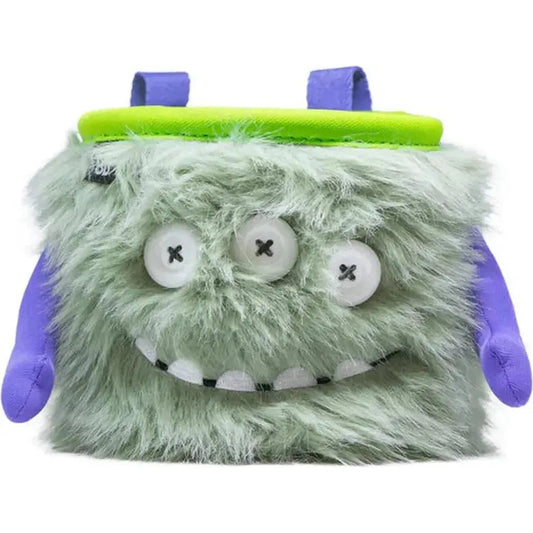 A front view of the 8BPlus Chalk Bag - Marty with a green top and purple straps against a white background.