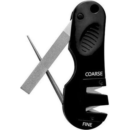 A black AccuSharp 4-in-1 Knife & Tool Sharpener with coarse and fine settings visible, showing the tool and stone against a white background.