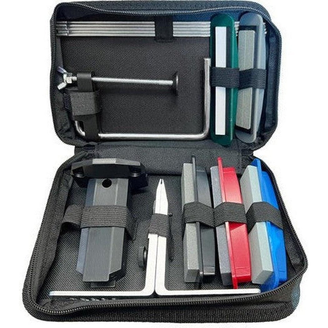 A black AccuSharp Five Stone Precision Kit open on a white background showing its various sharpening stones and tools.