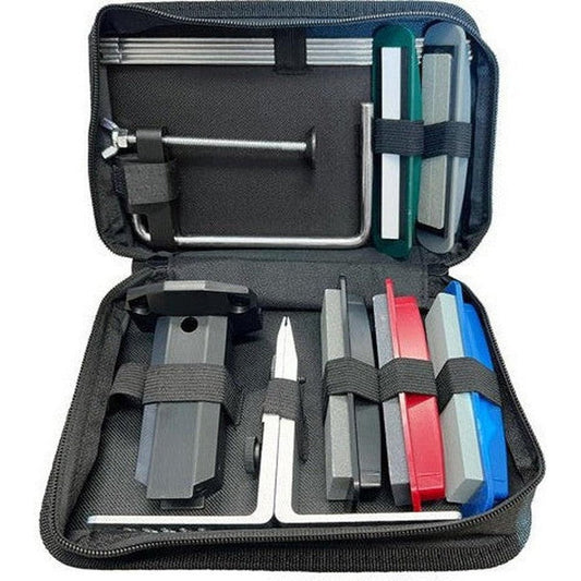 A black AccuSharp Five Stone Precision Kit open on a white background showing its various sharpening stones and tools.