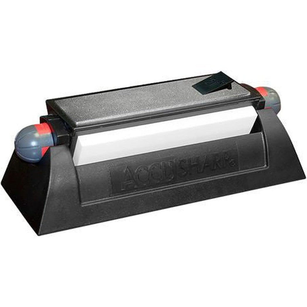 A top-down view of the AccuSharp Tri-Stone Sharpening System with a black base and gray stones against a white background.