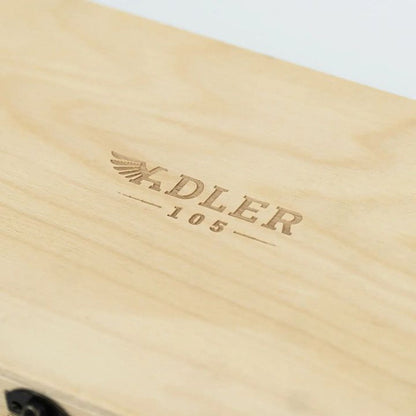 A close up of the Adler 105 wooden hatchet box with the brand name engraved on it.