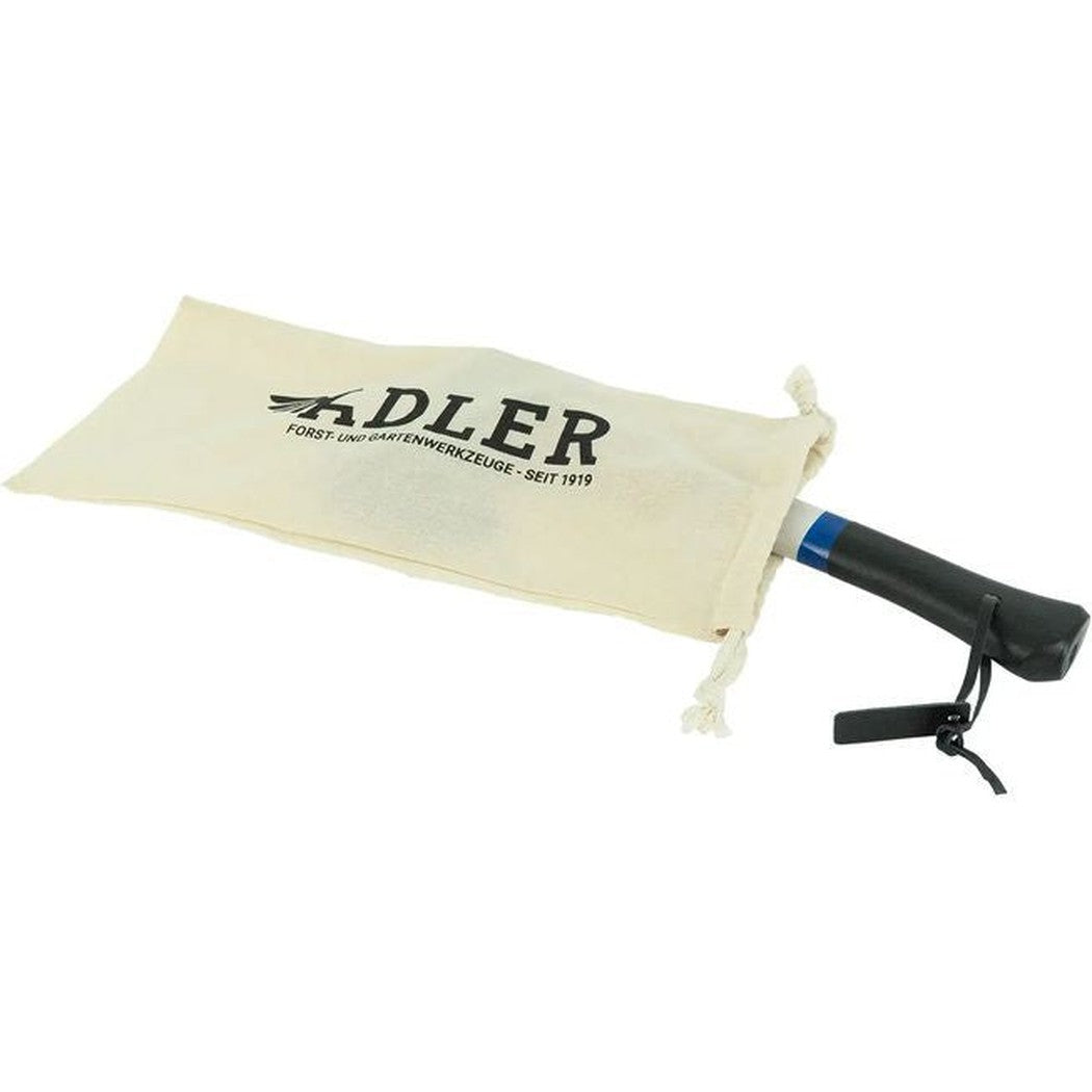 A natural, complete sentence describing the photo: "A natural, complete sentence describing the photo: A beige Adler 105 Years of Adler – Limited Edition Hatchet with a black handle and blue accent