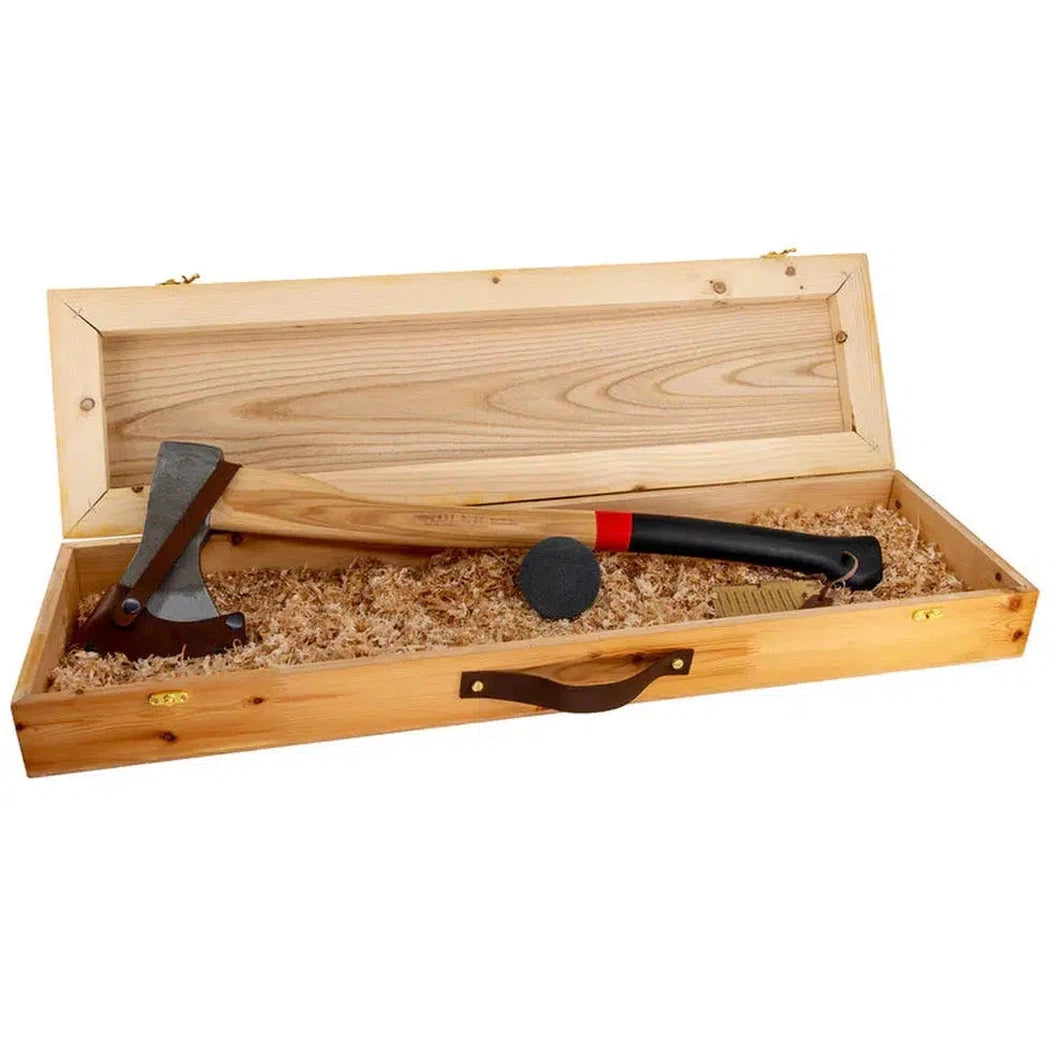 A wooden Adler Axe Gift Set - Rheinland Axe box with a red stripe handle, axe, and charcoal/ graphite accessory inside.