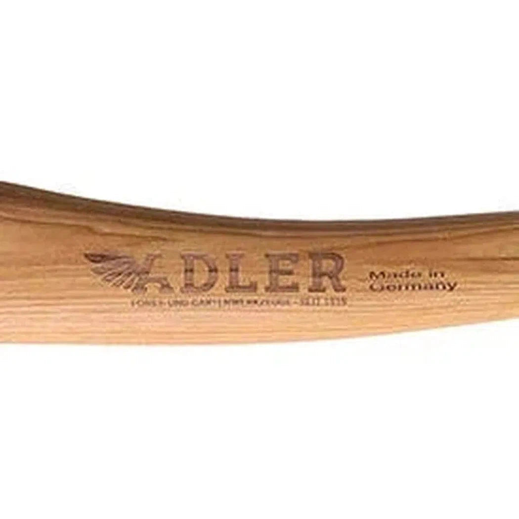 A close up of the Adler Handle for Long Splitter showing the brand name and "Made in Germany" text on a light wood handle against a white background.
