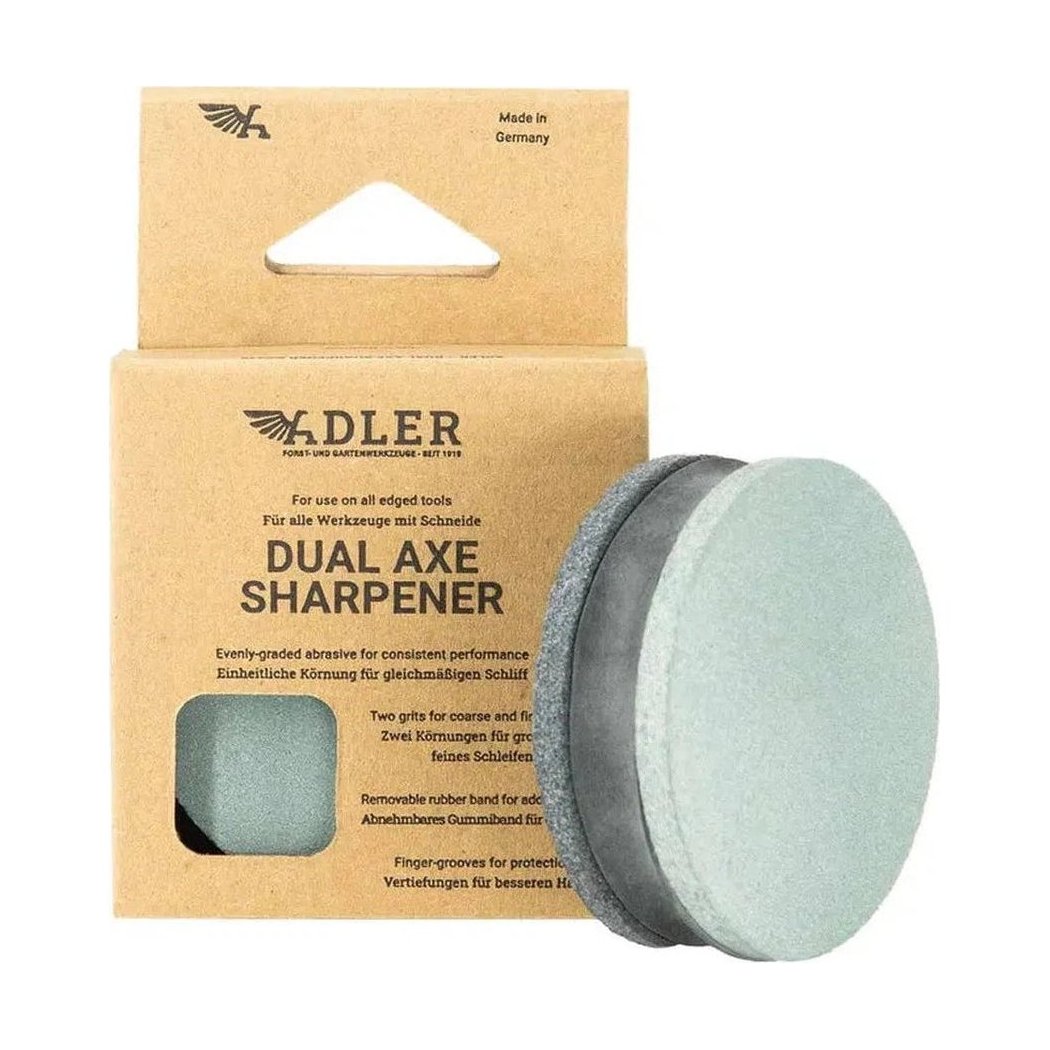 A front view of the Adler Hatchet Gift Set - Rheinland Hatchet in Green/Black showing the hatchet head and the box packaging.