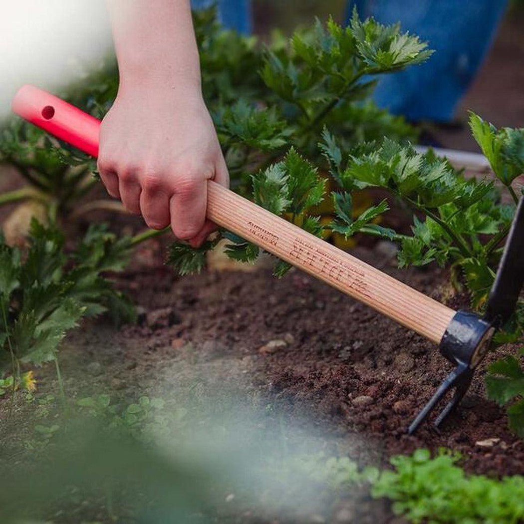 A hand holds the Adler Lily Garden Hoe with a red handle, showing the wooden shaft and black metal head against a garden background.