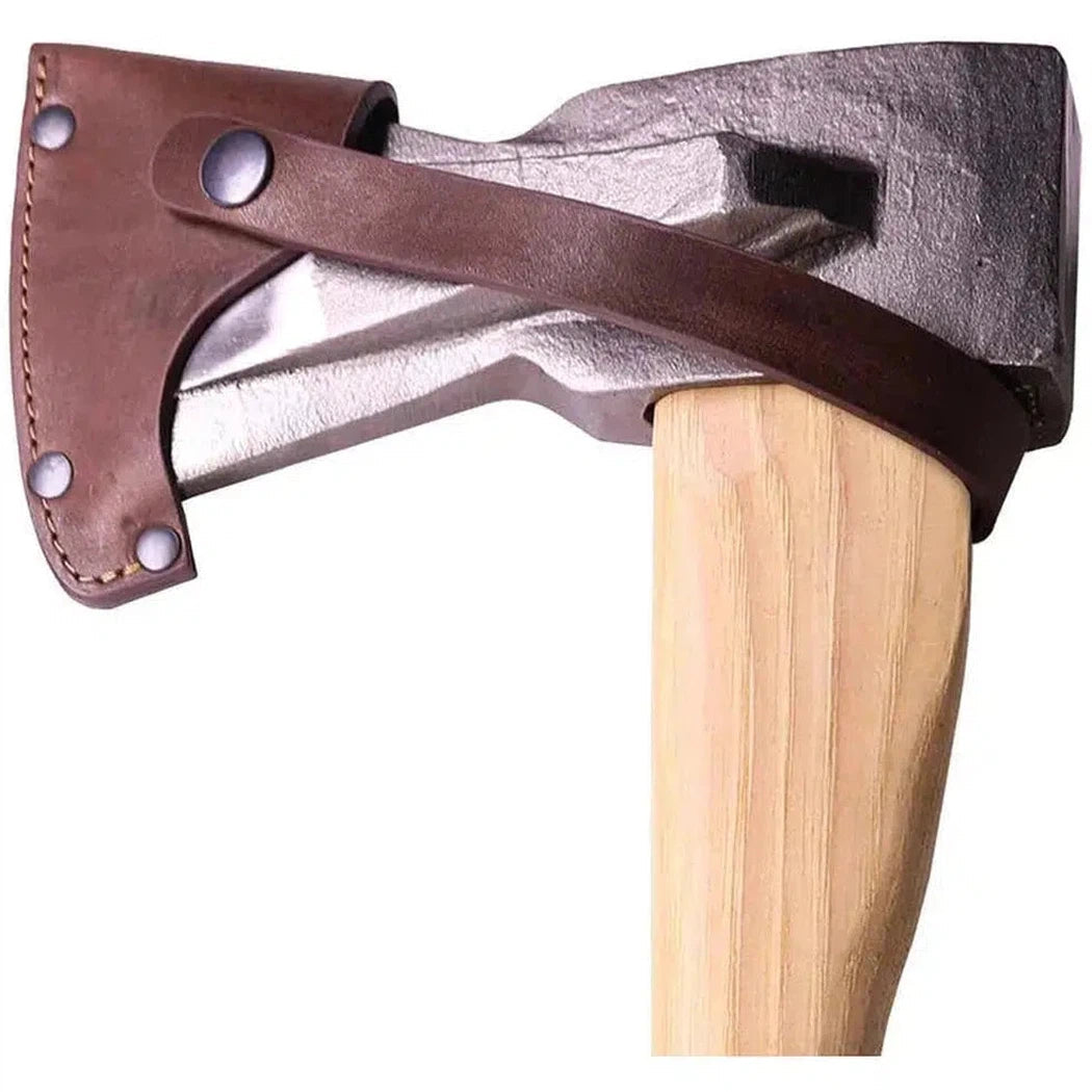 A close-up of the Adler Sheath for Long Splitter showing the brown leather sheath and wooden handle against a white background.