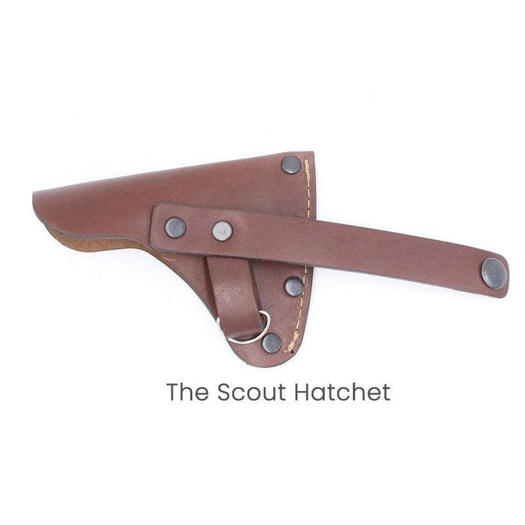 A brown leather Adler Sheath for Scout Hatchet with metal rivets and a strap, displayed against a white background.