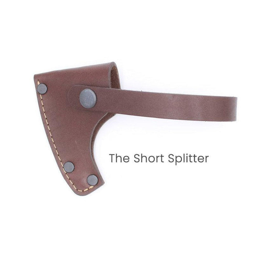 A brown leather Adler Sheath for Short Splitter with a strap and metal rivets, shown from a side angle against a white background.