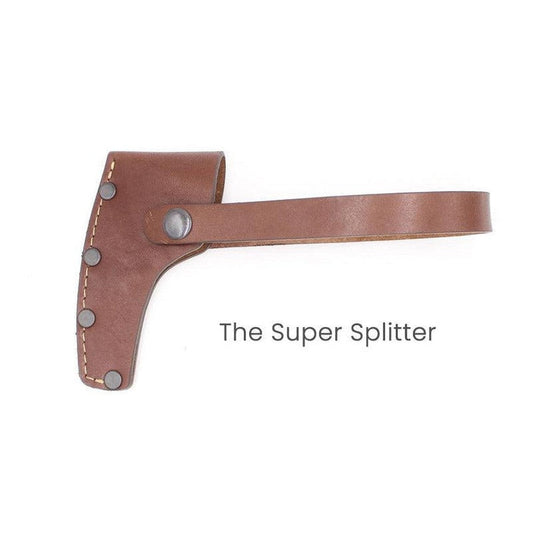 A brown leather Adler Sheath for Super Splitter with metal rivets and a strap, shown from the side against a white background.