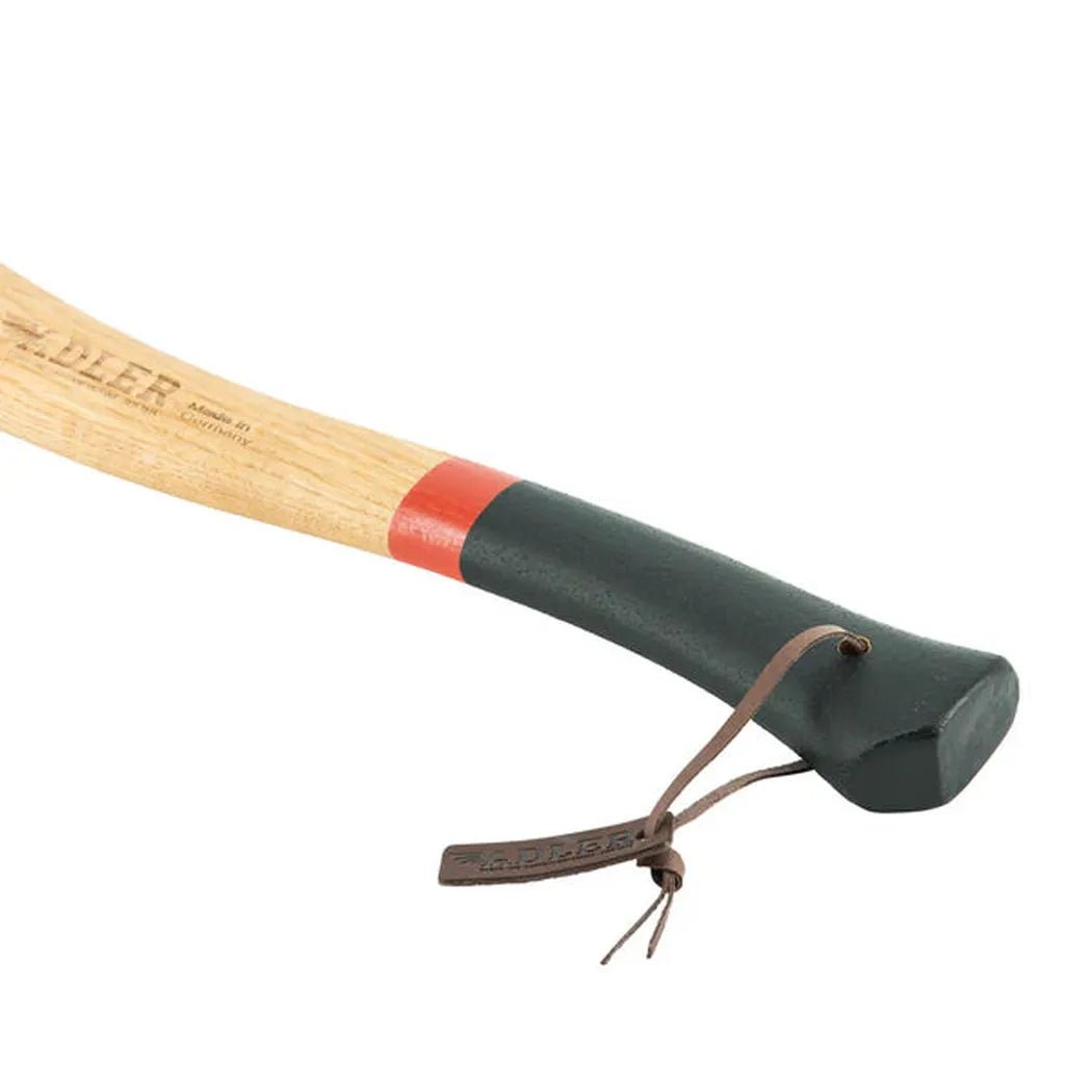 A close-up of the Adler Short Splitter axe with a wooden handle, red stripe, and charcoal-colored grip, showing a leather tag against a white background.