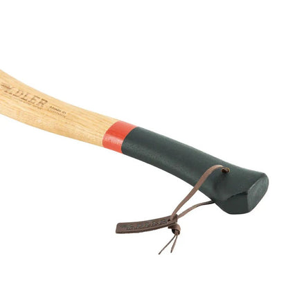 A close-up of the Adler Short Splitter axe with a wooden handle, red stripe, and charcoal-colored grip, showing a leather tag against a white background.