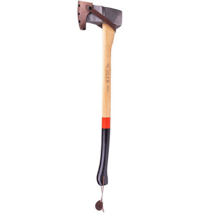 A side view of the Adler Super Splitter axe with a wooden handle and black grip against a white background.