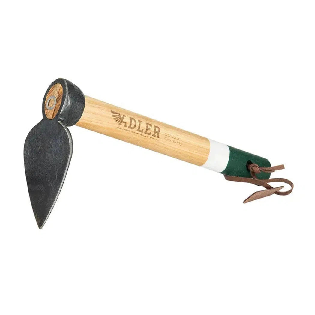 Side view of the Adler The Daisy Heritage Mini-Garden Hoe with green handle and white stripe against a white background.