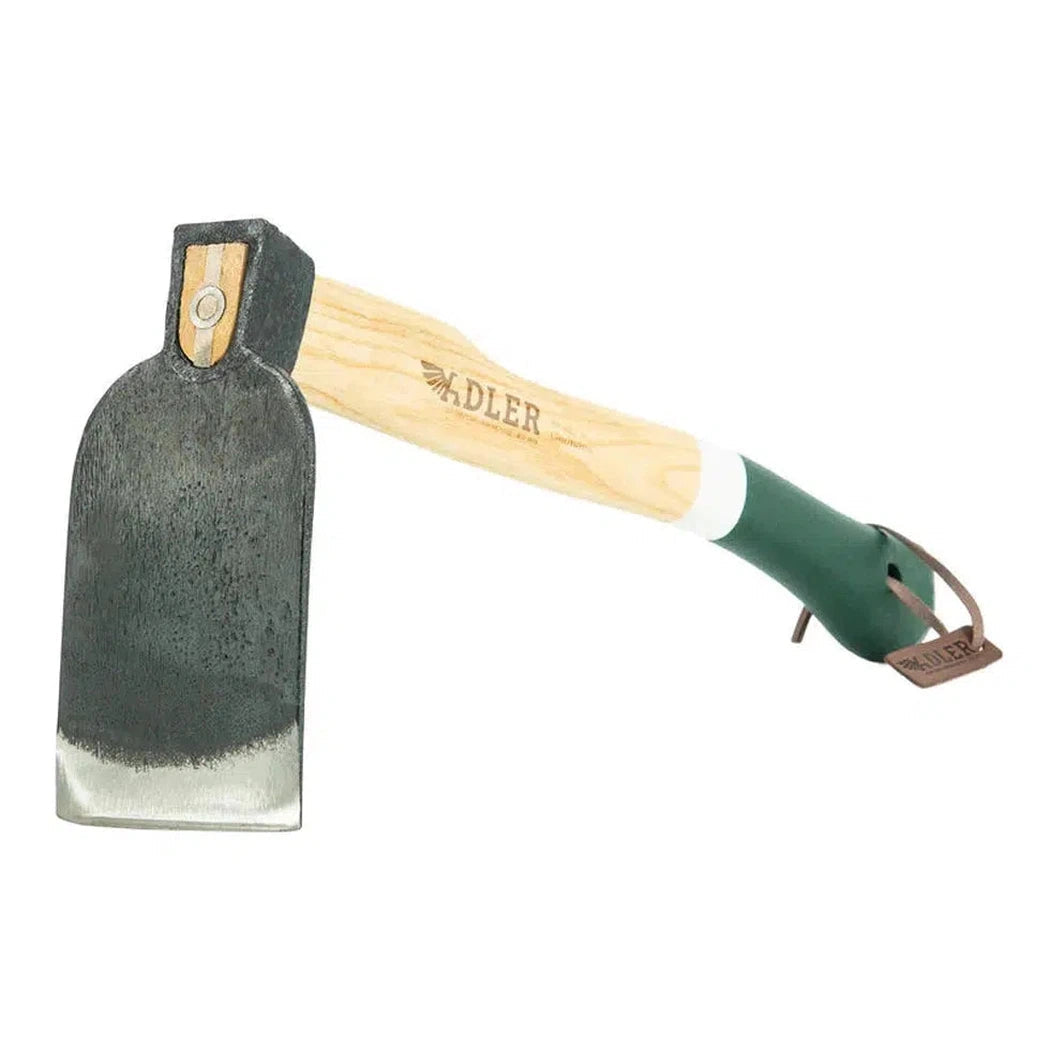 A side view of the Adler The Ivy Garden Hoe with a green handle and wooden shaft against a white background.