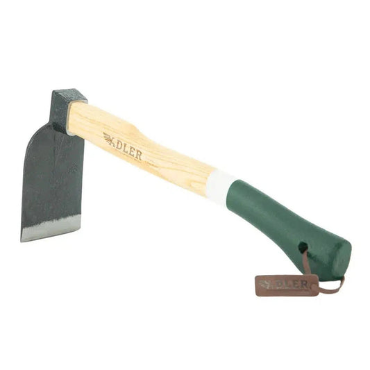 A side view of the Adler The Ivy Garden Hoe with a green handle and wooden shaft against a white background.