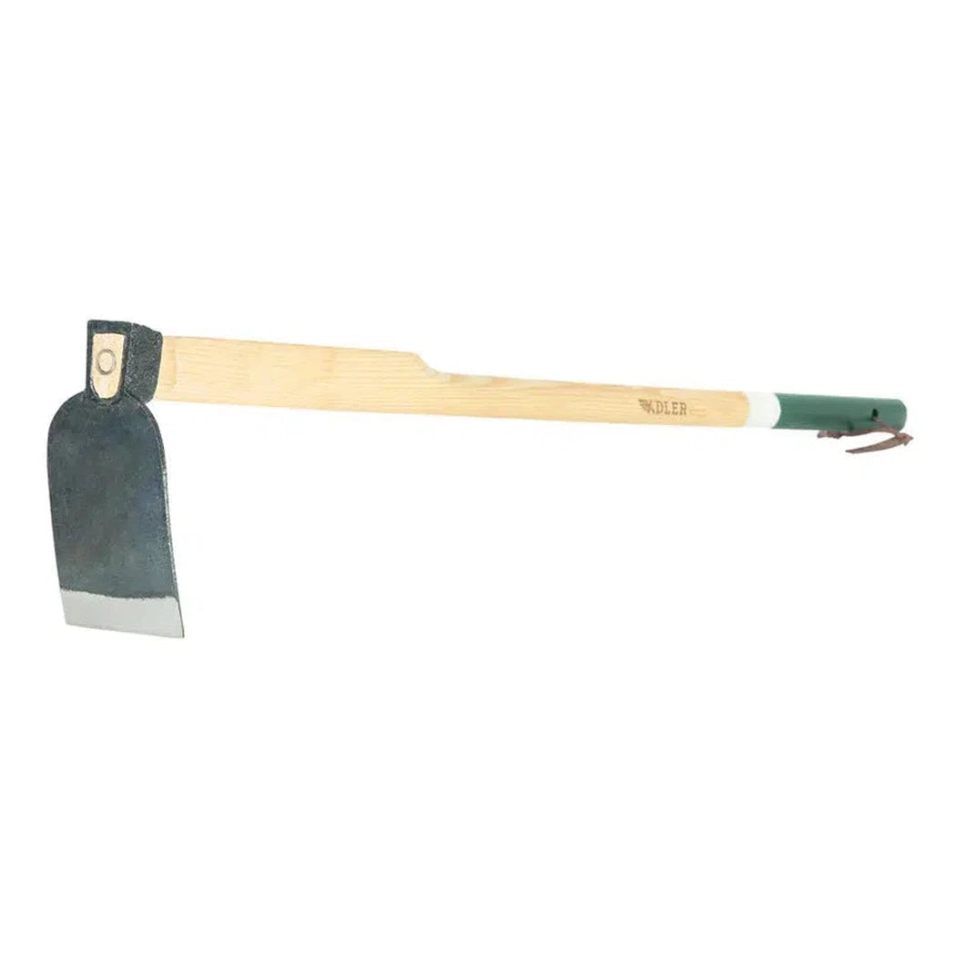 A side view of the Adler The Ivy Garden Hoe with a green handle and wooden shaft against a white background.