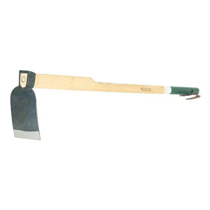 A side view of the Adler The Ivy Garden Hoe with a green handle and wooden shaft against a white background.