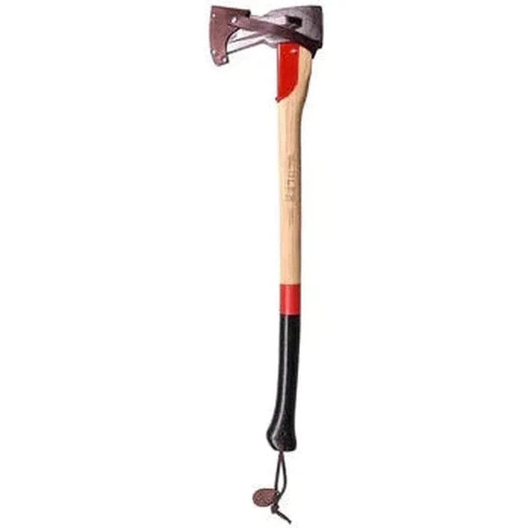 A full view of the Adler The Long Splitter axe with a wooden handle, red and black accents, and a white background.