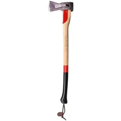 A full view of the Adler The Long Splitter axe with a wooden handle and black grip against a white background.