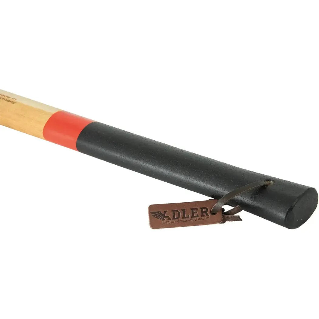 A close-up of the Adler The Pulaski Axe with a black handle, red stripe, and wooden end, showing the leather tag against a white background.