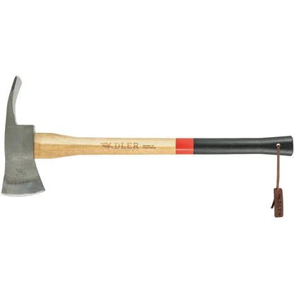 A side view of the Adler The Pulaski Axe with a wooden handle and black end, against a white background.