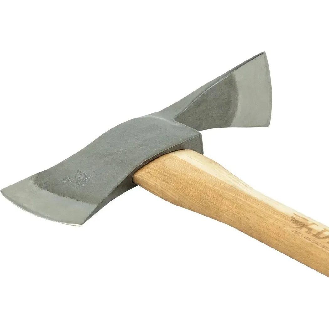 A side view of the Adler The Pulaski Axe with a light wooden handle and a charcoal-colored metal head against a white background.