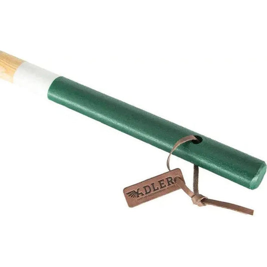 A green Adler The Sunny Field Hoe with a wooden handle and leather tag, shown from a side angle against a white background.