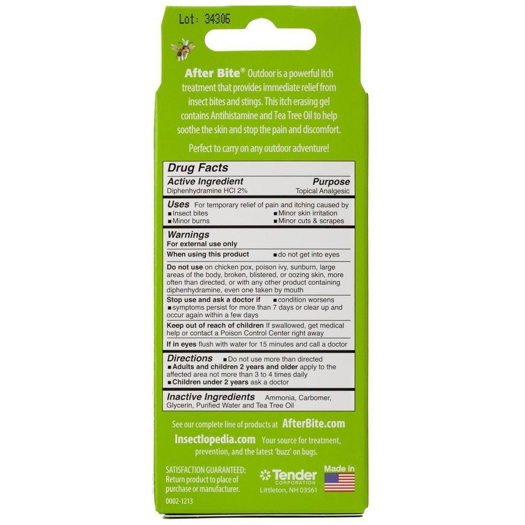 Back of green After Bite Outdoor New & Improved package showing drug facts and directions.