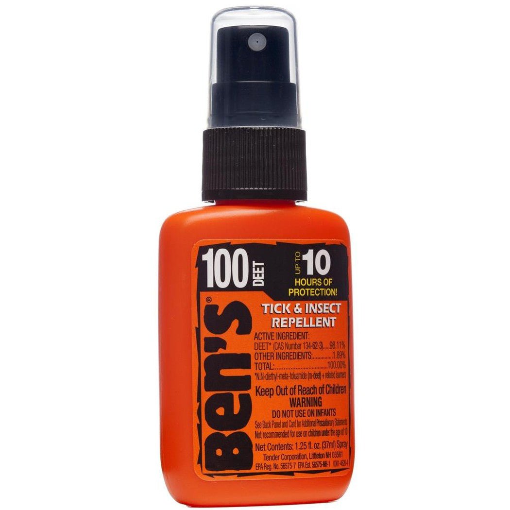 Orange Ben's 100 Pump insect repellent bottle with black cap and spray nozzle, showing label details against a white background.