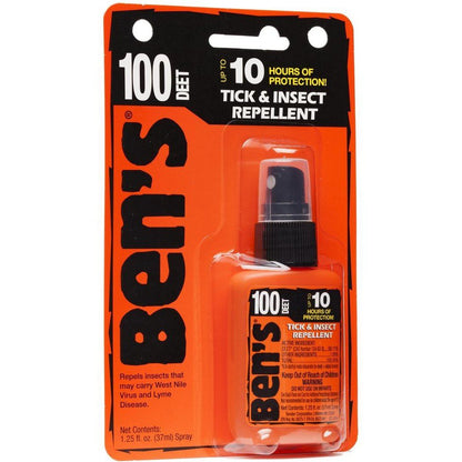 Orange Ben's 100 DEET Tick & Insect Repellent spray bottle in its packaging showing up to 10 hours of protection.