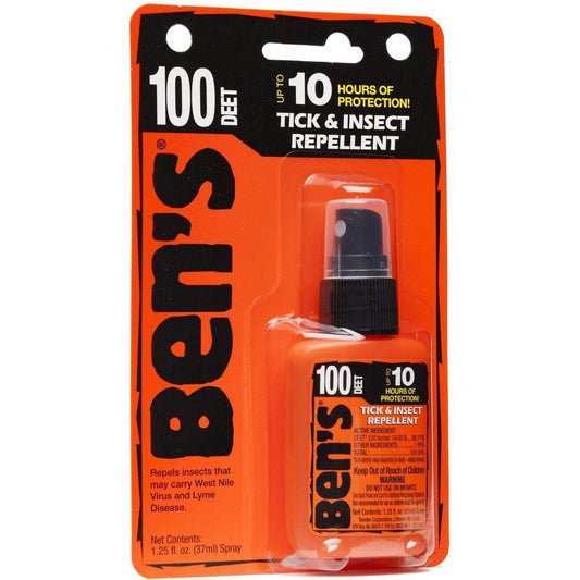 Orange Ben's 100 DEET Tick & Insect Repellent spray bottle in its packaging showing up to 10 hours of protection.