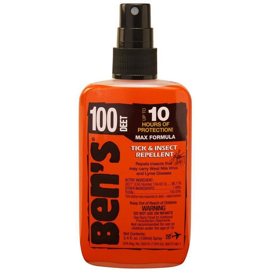 Orange Ben's 100 Pump insect repellent bottle with black spray nozzle on white background.
