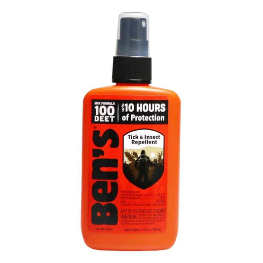 An orange Ben's 100 Tick and Insect Repellent Pump bottle with a black spray nozzle and "10 HOURS of Protection" label against a white background.